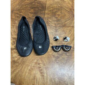 Lot Lindsay Phillips Women’s 9.5 Zip Black Genuine Leather Ballet Flats 2 Snaps